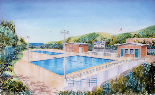 The Maggie Gilbert Aquatic Center, supported by a $2 million donation from teacher Rose Gilbert, will be built on the corner of Temescal Canyon Road and Bowdoin Street, featuring a deep ten-lane competition pool and a shallow two-lane teaching pool. Rendering: Courtesy Maggie Nance